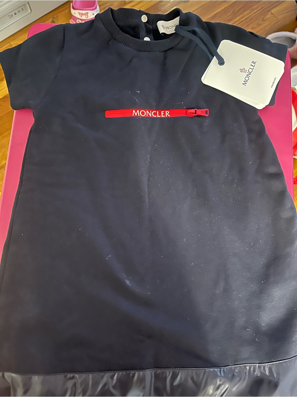 Moncler Navy Blue Short Sleeve Dress with Red Logo Zip